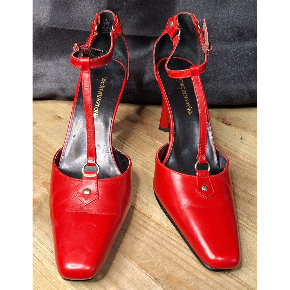 Worthington Shelby Red Leather T-Strap Square Toe Heels Pumps 6.5M 023-5177 - Picture 3 of 14